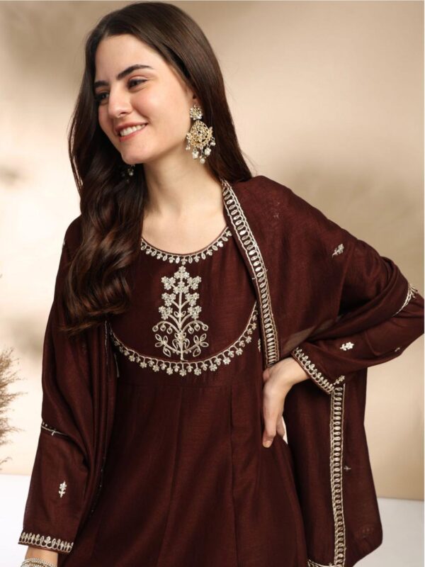 Embroidered Brown Anarkali Kurta with Trouser and Dupatta - Image 2