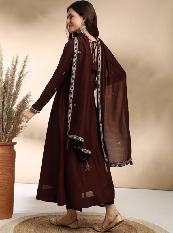 Embroidered Brown Anarkali Kurta with Trouser and Dupatta - Image 3
