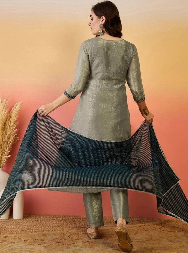Grey Silk Pakistani Style Wedding Suit with Blue Dupatta - Image 3