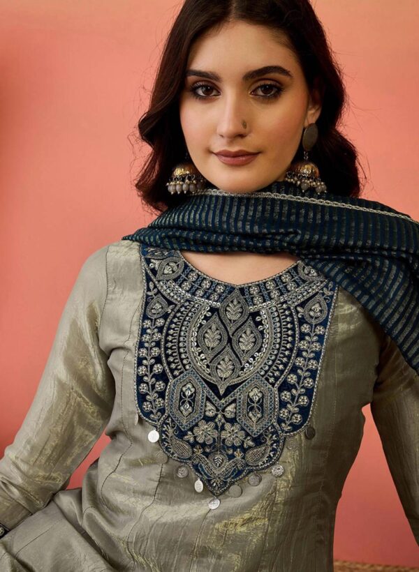 Grey Silk Pakistani Style Wedding Suit with Blue Dupatta - Image 2